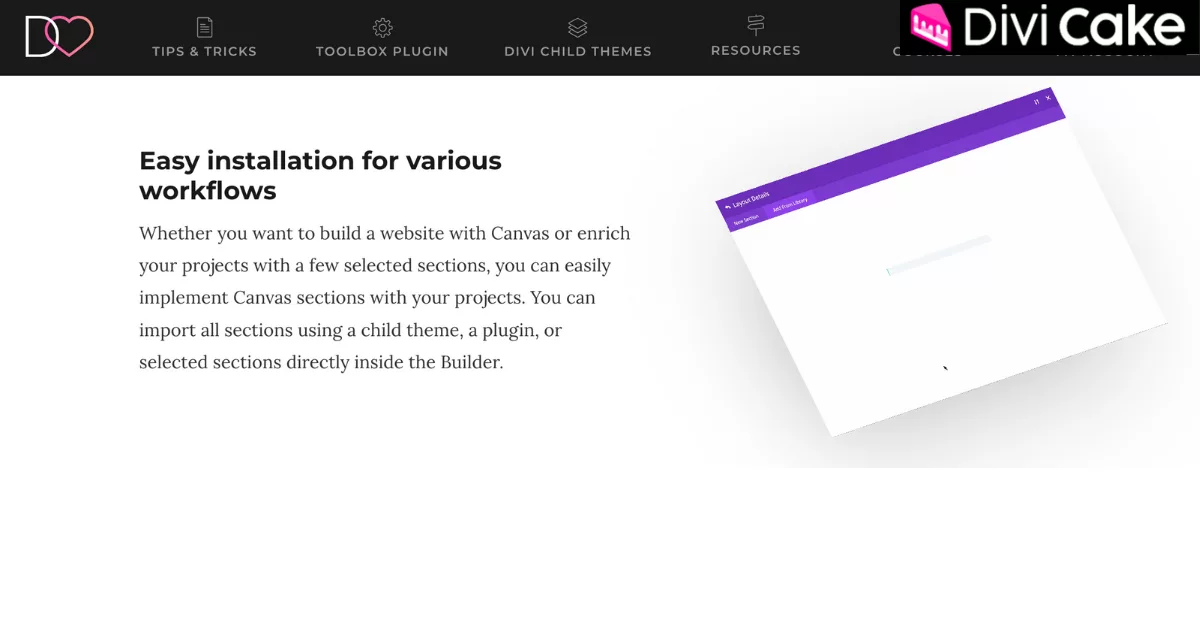 Canvas All-in-One Layout Kit offering flexible import options via Divi child theme, dedicated plugin, or direct section insertion into Divi Builder for an easy and efficient workflow.