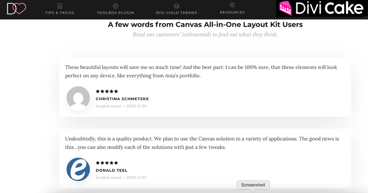 Canvas All-in-One Layout Kit praised by users with 5-star reviews for its simplicity, flexibility, and ability to save time while enhancing Divi website design quality.
