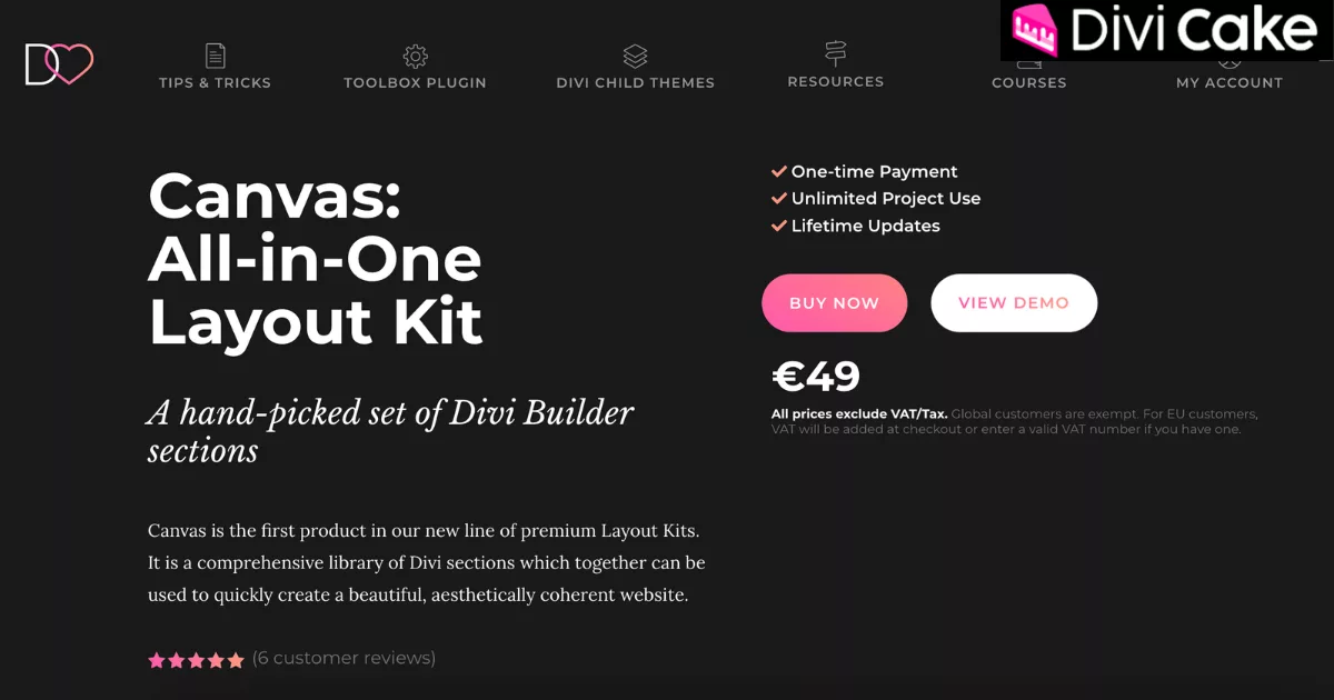 Canvas All-in-One Layout Kit available for a one-time payment of €49 with unlimited website use, lifetime updates, and no subscription fees for budget-friendly Divi design.