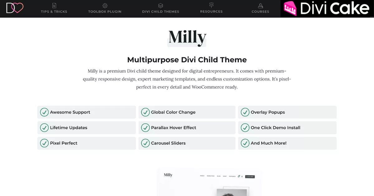 Milly Divi child theme featuring responsive design, built-in popups, WooCommerce-ready shop layouts, stylish headers, and one-click global color customization for easy branding.