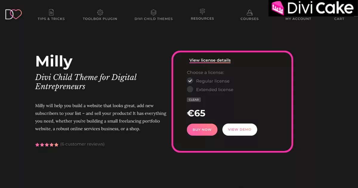 Milly Divi child theme available on DiviLover with standard and extended license options, ideal for personal use and web design agencies building client websites.