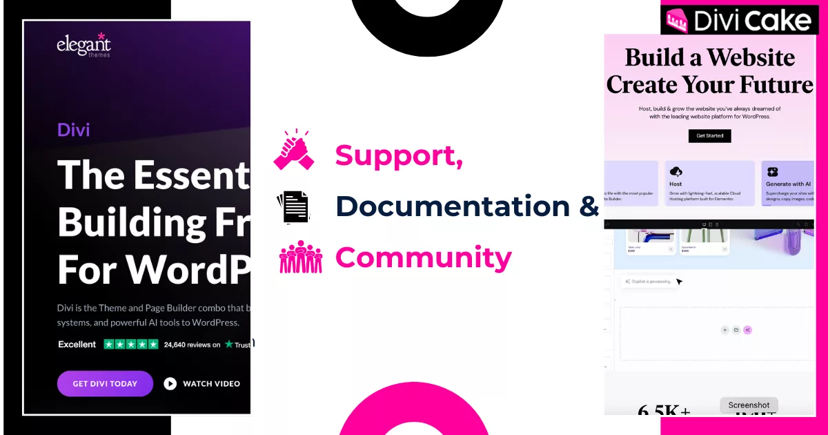 Overview of Divi’s 24/7 live chat support and Elementor’s large online community, comparing documentation quality, onboarding ease, and help resources for agencies and web teams.