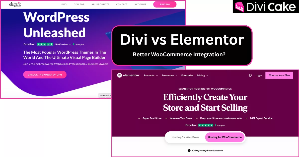 Comparison of Divi and Elementor WooCommerce integration, highlighting Divi’s advanced modules and styling control versus Elementor Pro’s user-friendly WooCommerce Builder.