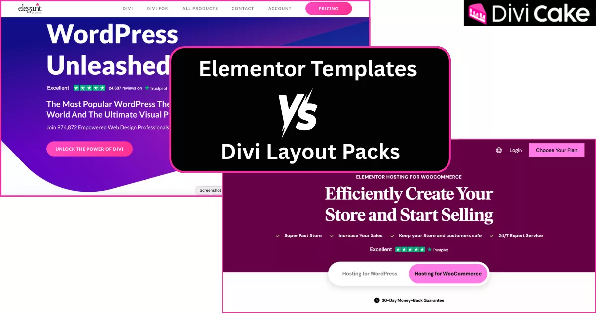 Comparison of Elementor templates and Divi layout packs for WooCommerce, highlighting Divi’s larger library of 2,000+ layouts and full website kits versus Elementor’s widget-based design approach.