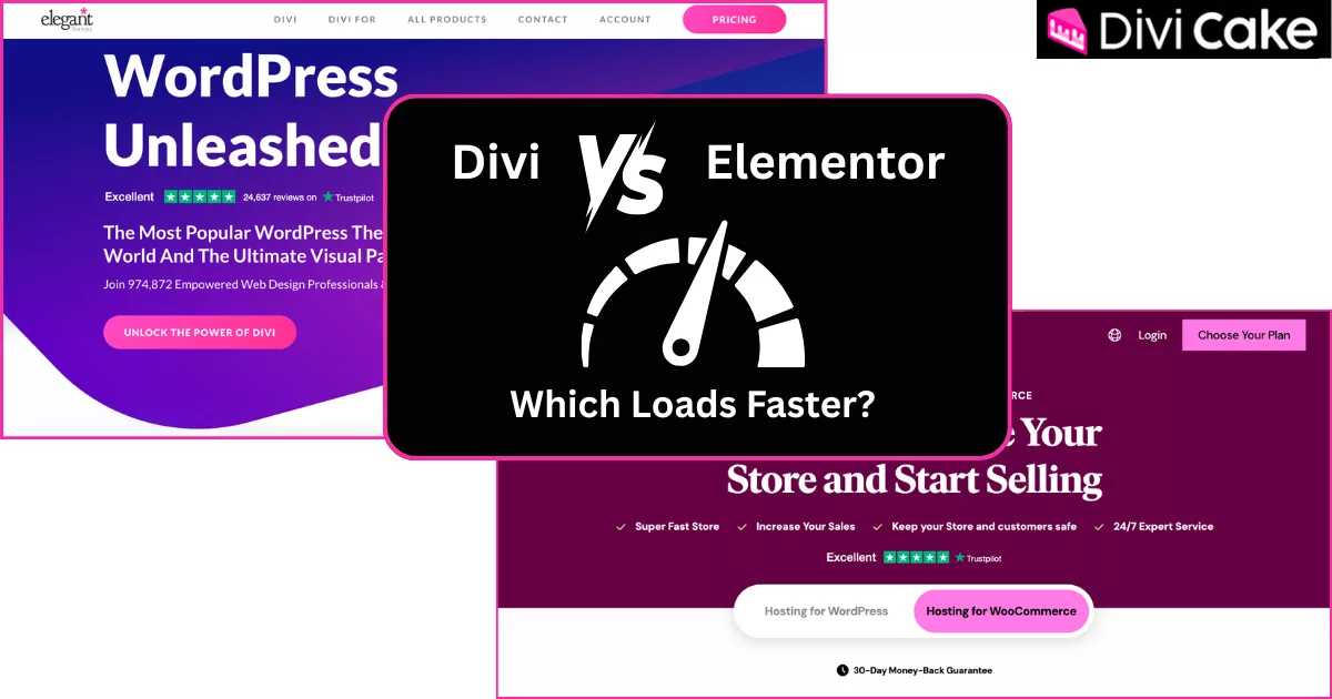 User interface comparison of Divi and Elementor page builders, showing Divi’s inline editing and visual builder versus Elementor’s fixed sidebar, real-time preview, and beginner-friendly layout.