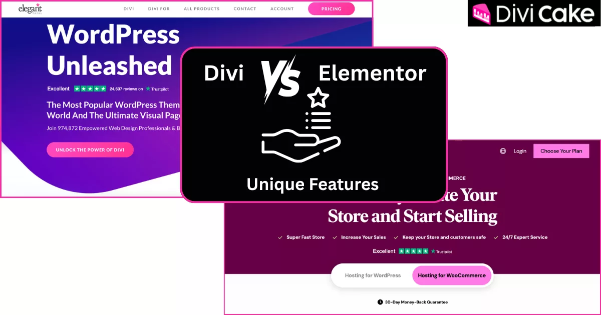 Highlighting unique features of Divi and Elementor, including Divi AI, Divi Cloud, and VIP support versus Elementor Pro’s popup builder, motion effects, global widgets, and marketing integrations.