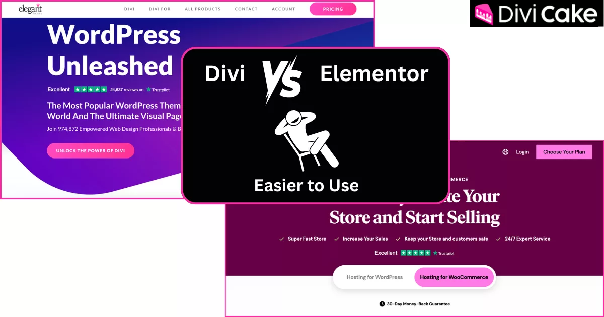 User interface comparison of Divi and Elementor page builders, showing Divi’s inline editing and visual builder versus Elementor’s fixed sidebar, real-time preview, and beginner-friendly layout.
