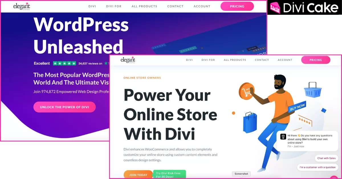 Divi theme integration with WooCommerce displaying customizable product modules, drag-and-drop builder, real-time editing, and support for shop, cart, and checkout pages.
