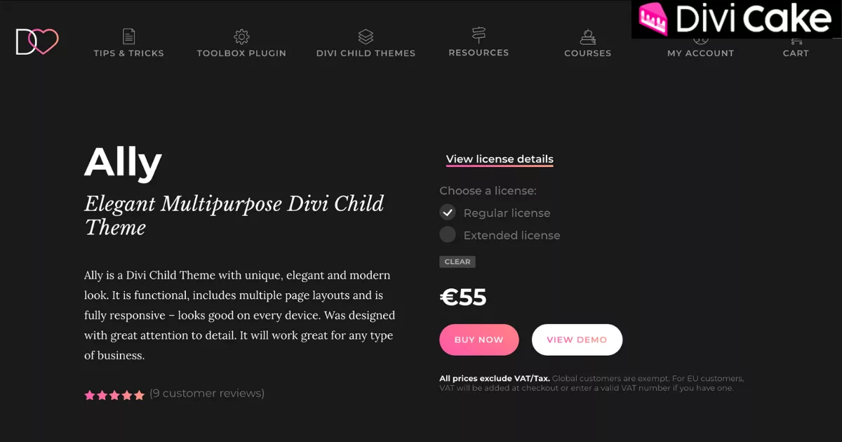 Premium Ally Divi child theme developed by Divi Lover, featuring responsive design elements, demo content with customizable page layouts, headers, and call-to-action sections for blogs, businesses, and client websites.
