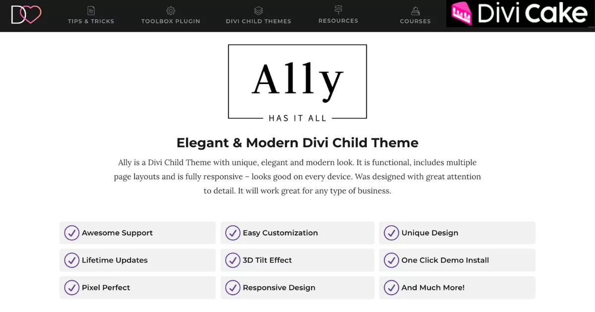 Ally Divi child theme showcasing responsive design, fast performance, pre-built page layouts, custom headers and footers, WooCommerce integration, and one-click demo import for creating professional, high-speed websites with advanced customization options.
