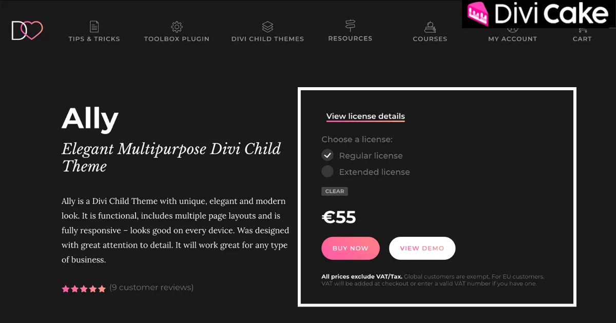 Ally Divi child theme pricing options with regular and extended licenses, lifetime updates, support, lightweight design, professional templates, Divi Builder integration, and requirement of Divi parent theme.