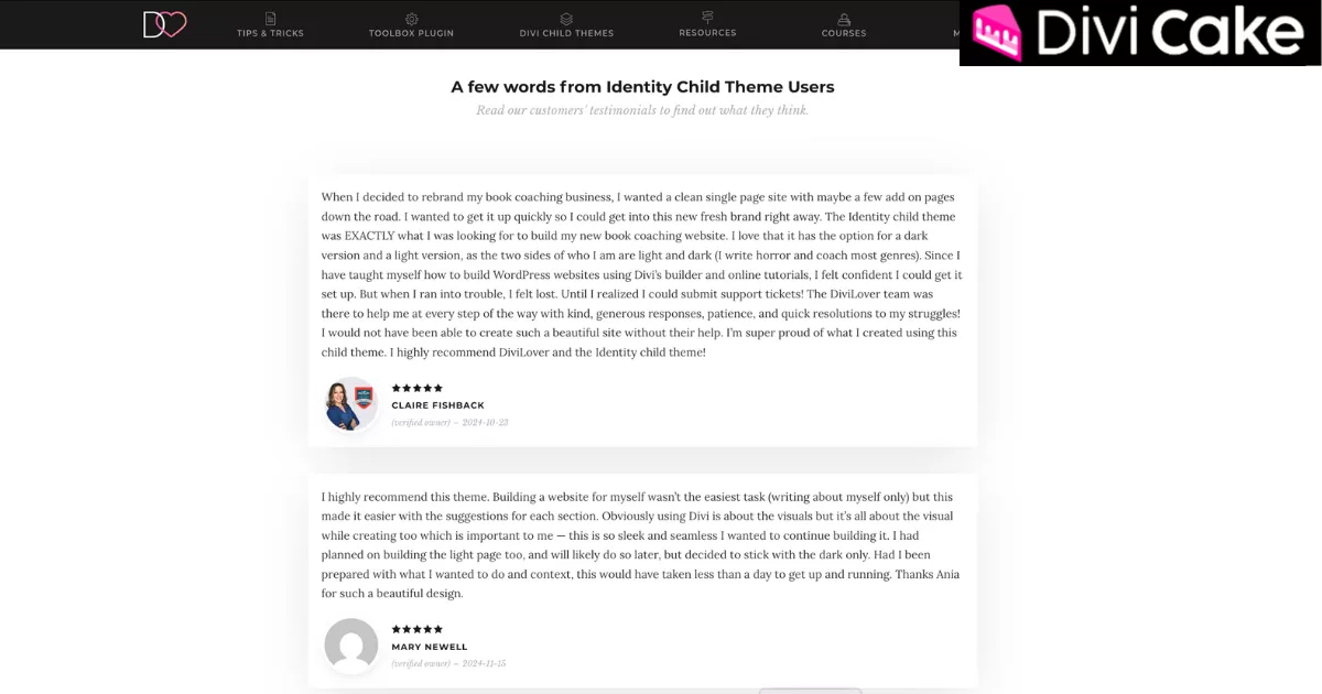 Positive customer testimonials praising the Identity child theme for its sleek design, light and dark versions, user-friendly setup, responsive support, and suitability for personal branding and rebranding projects.