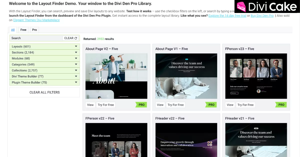 Feature-rich Divi Den Pro plugin displaying a vast library of nearly 3,000 professional Divi templates ideal for agencies, freelancers, and advanced web designers.