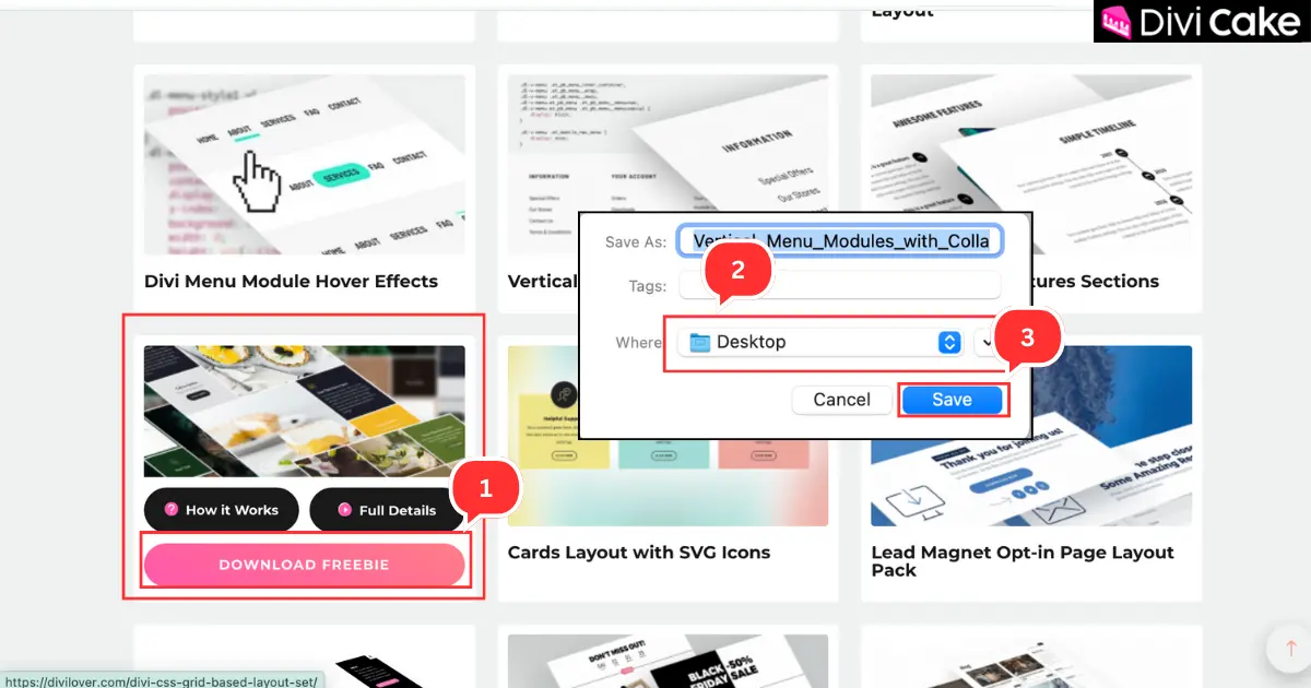 Screenshot of Divi Lover Global Defaults modules library showing how to hover, click download, and save free Divi modules.