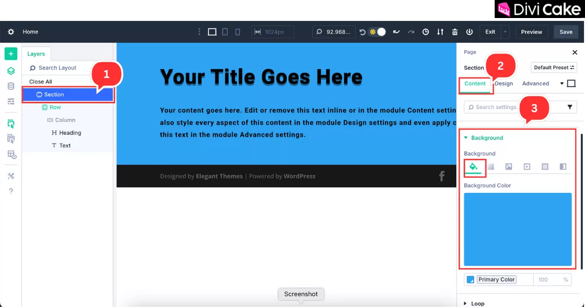 Step-by-step guide to selecting and applying a background color to a section in Divi 5 for a professional blog page design.