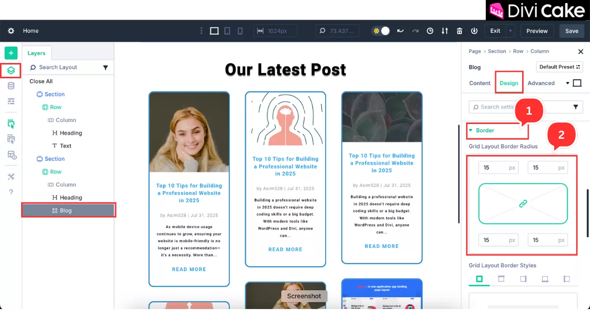 Applying a 15px border radius to all sides of the blog posts in Divi 5 Grid layout for a rounded and stylish appearance.