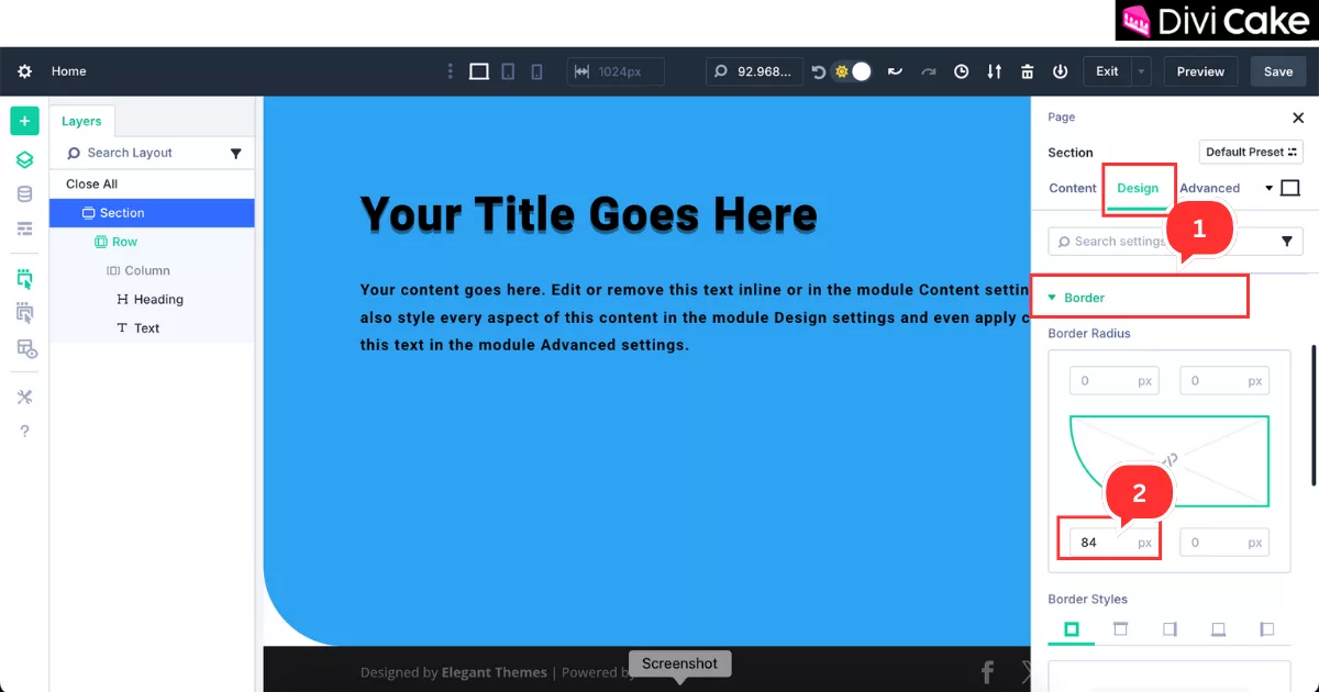 Step-by-step guide to applying an 84px bottom left corner border radius to a section in Divi 5 for a rounded design effect.