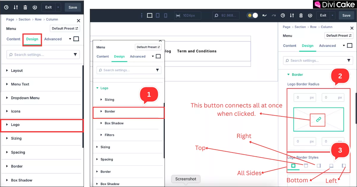 Using the Border settings in Divi 5 to apply border radius and style around the logo for optional rounded corners or single-side borders in the header.