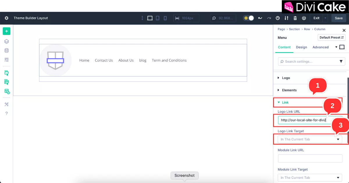 Setting a homepage URL for the logo in Divi 5’s Menu module so users can click the logo to return to the main page, with options to open in the same or new tab.