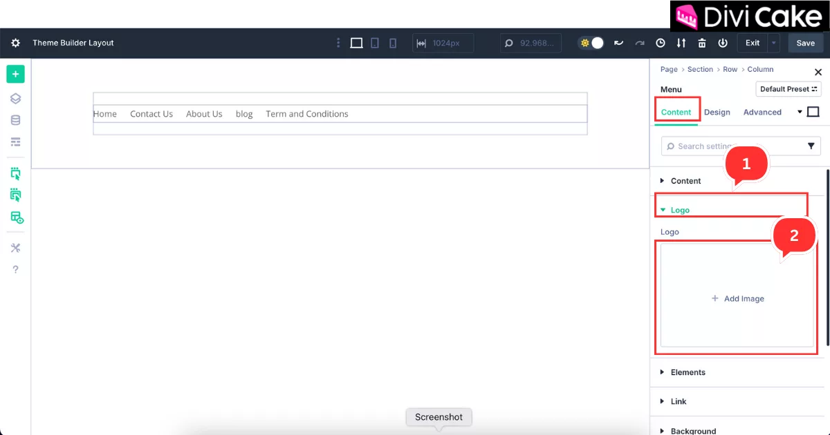 Uploading a logo in the Divi 5 Menu module via the Content tab to brand the Global Header.