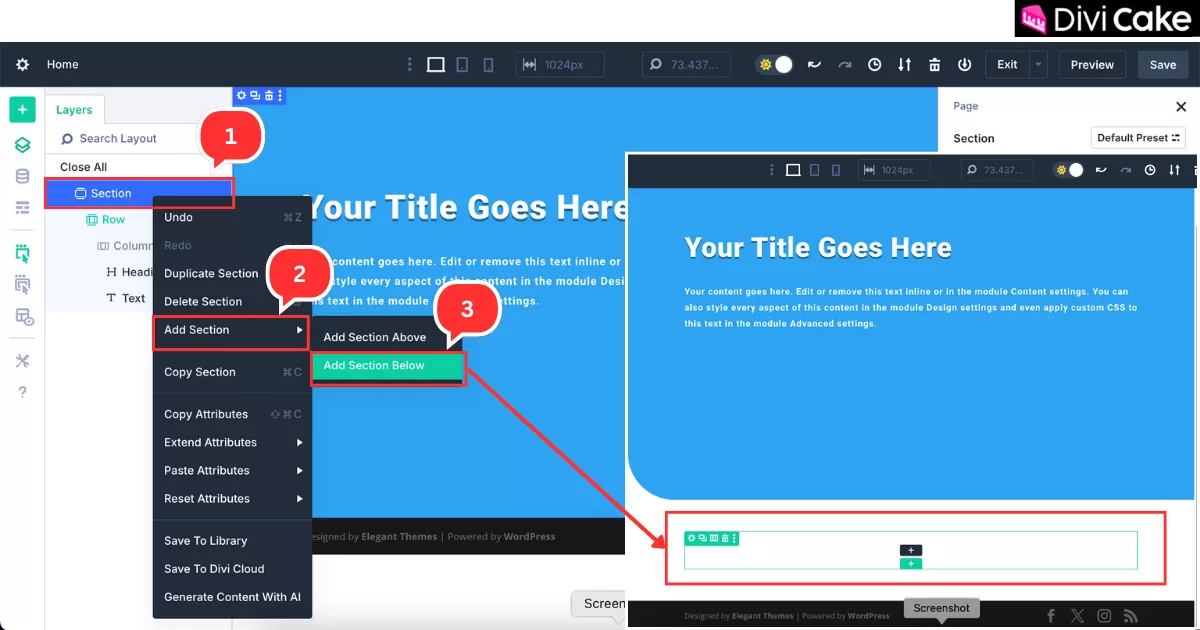 Step-by-step guide to adding a new section below the existing one in Divi 5 to display blog posts in a grid layout.