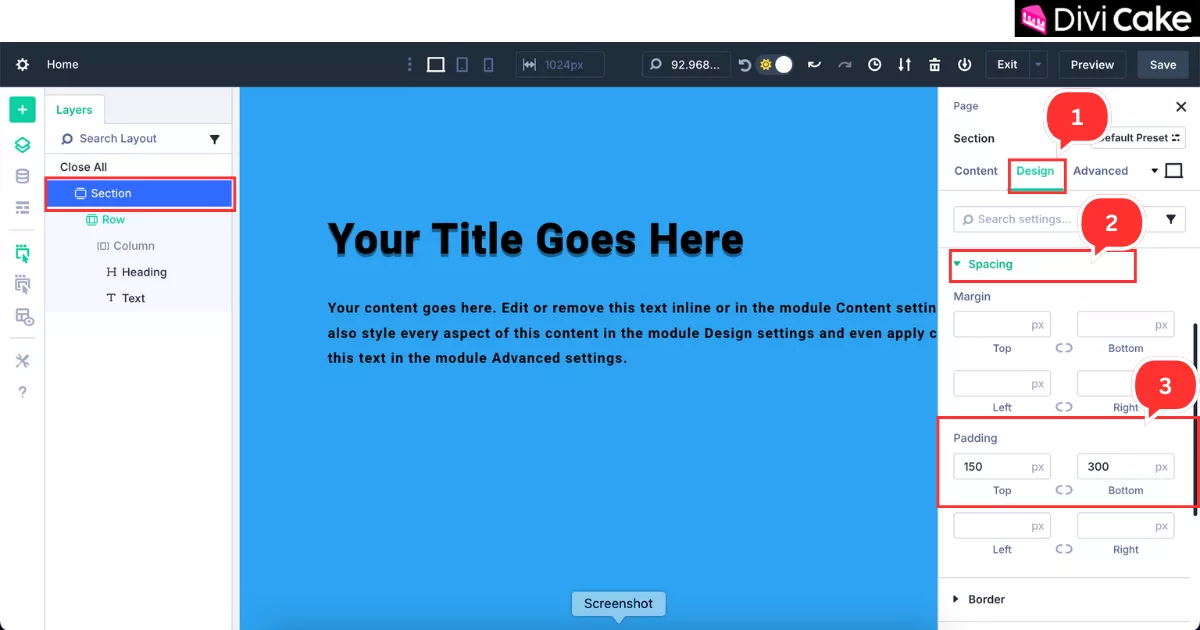 Step-by-step guide to adjusting top and bottom padding in a Divi 5 section to improve spacing and layout balance.
