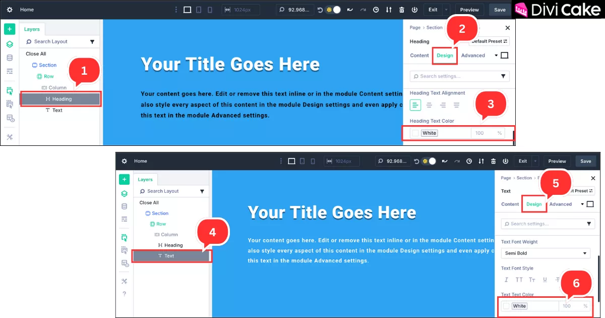 Step-by-step guide to changing heading and text colors to white in Divi 5 for improved readability on a blue background.