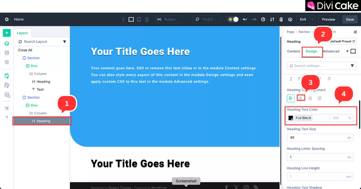 Step-by-step guide to changing heading alignment and text color to black for better visibility on a white background in Divi 5.