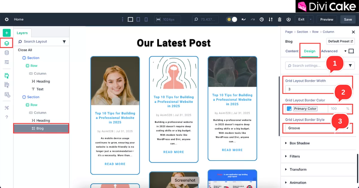 Applying a 3px groove border with a matching theme color to the Divi 5 Blog Module Grid layout for a polished design.