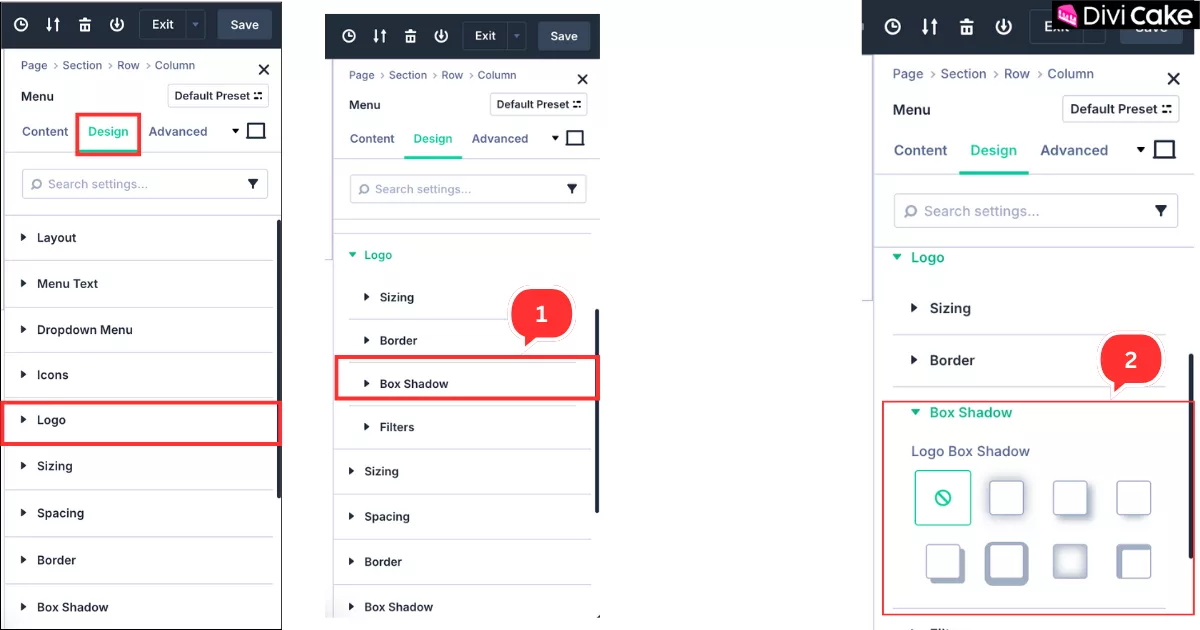 Enabling and selecting a shadow style under the Logo Box Shadow settings in Divi 5 to give the logo a stylish and eye-catching visual effect.