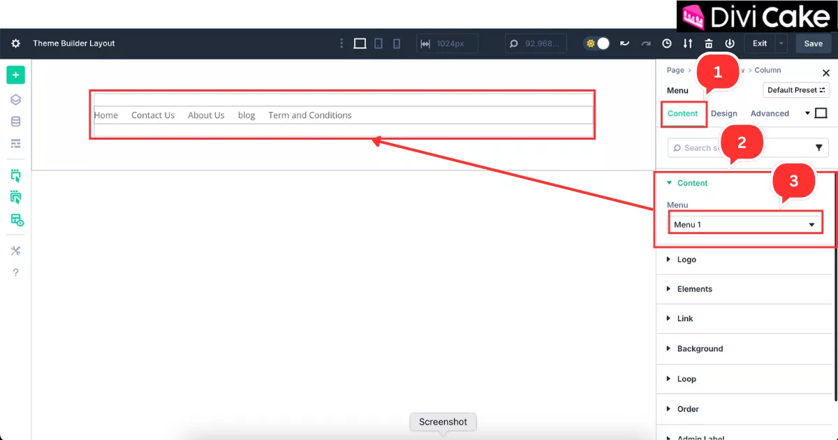 Selecting an existing WordPress menu in the Content tab of the Divi 5 Menu module to display it in the Global Header.