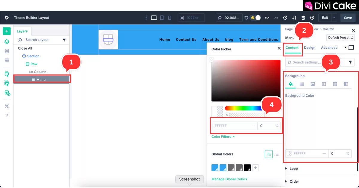Menu background color set to transparent in Divi 5 to blend seamlessly with the section background color for a unified header design.
