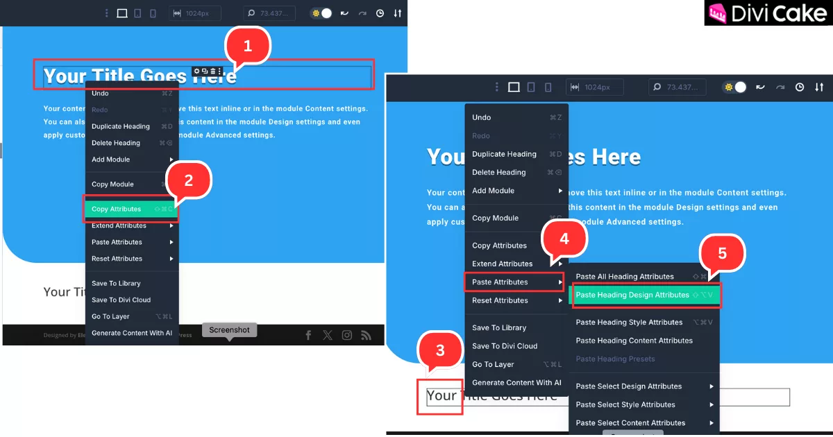 Step-by-step guide to copying and pasting design attributes from one heading module to another in Divi 5.