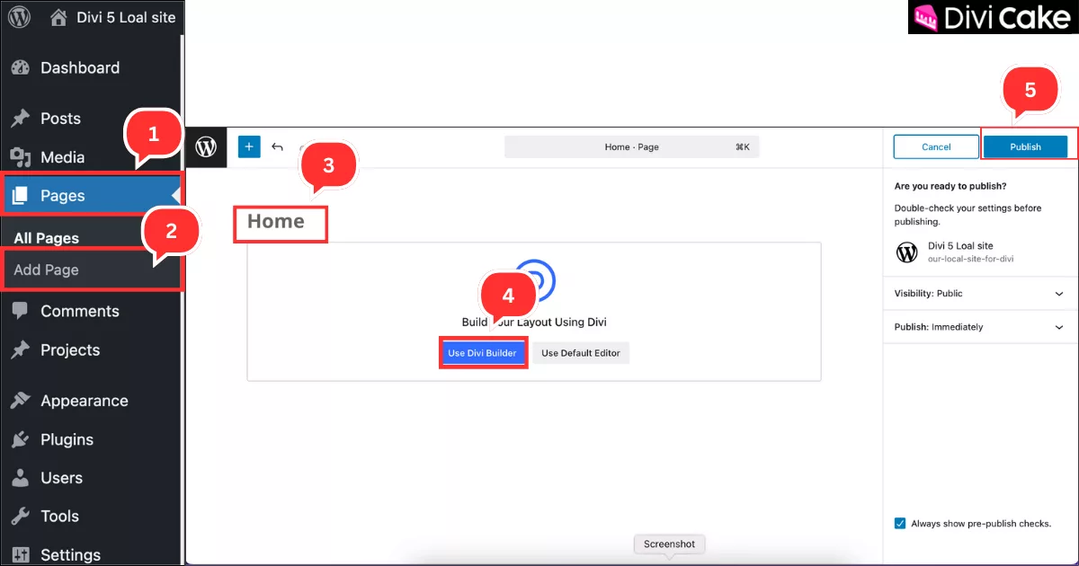 Step-by-step instructions for creating a new page in WordPress and customizing it with the Divi 5 Page Builder.