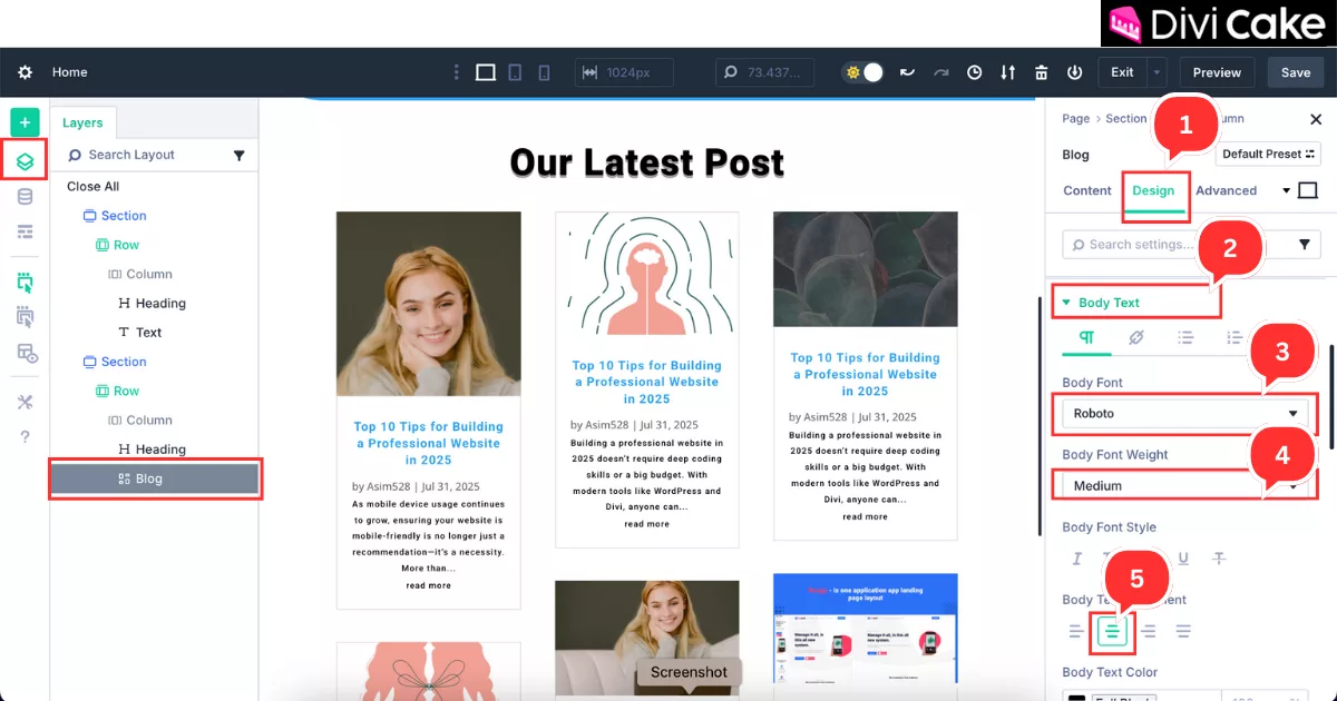 Modifying the Divi 5 Blog module body text by adjusting font, weight, and center alignment for a grid layout.