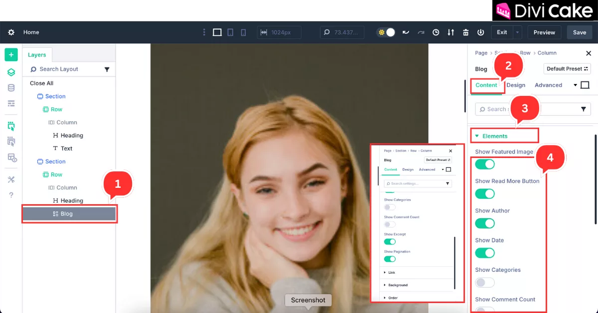 Step-by-step guide to enabling selected elements in the Divi 5 Blog module from the Content tab for a personalized blog grid layout.