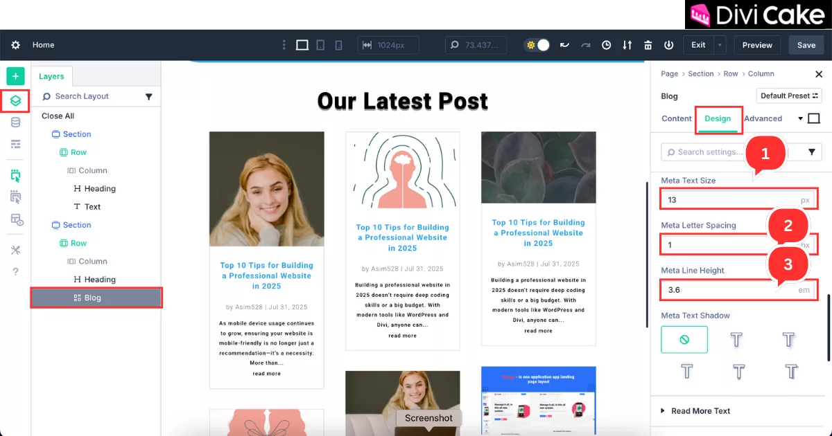 Editing the Divi 5 Blog module meta text by adjusting size, letter spacing, and line height for a refined blog post layout.
