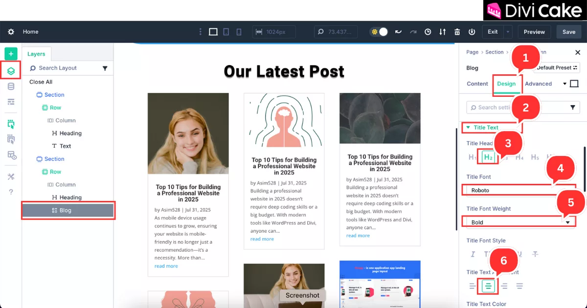 Step-by-step guide to styling the Divi 5 Blog module title text by setting heading to H2, adjusting font, weight, and center alignment.