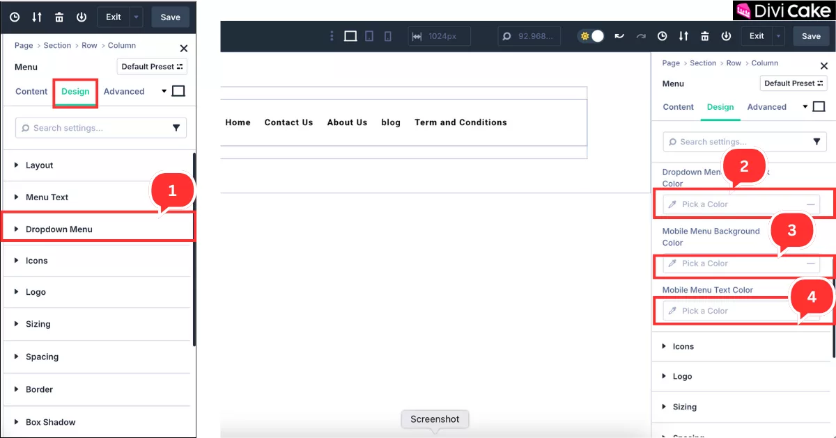 Editing dropdown menu active color, mobile menu text color, and background settings under the Design tab in Divi 5 to improve navigation and mobile user experience.
