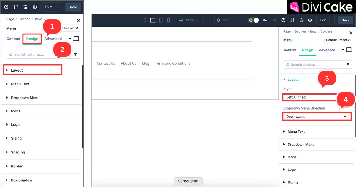Using the Design tab in Divi 5 Menu settings to align the menu and control dropdown direction for a personalized and professional header layout.