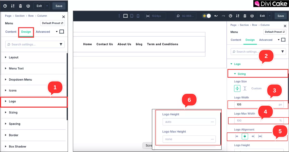Modifying logo width, height, alignment, and sizing settings under the Design tab in Divi 5 to achieve a clean and professional header appearance.