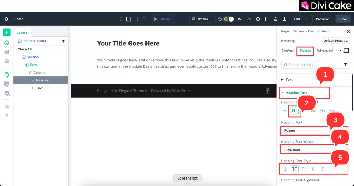 Step-by-step guide to styling the Divi 5 Text module with font, weight, and style adjustments for a professional blog page design.