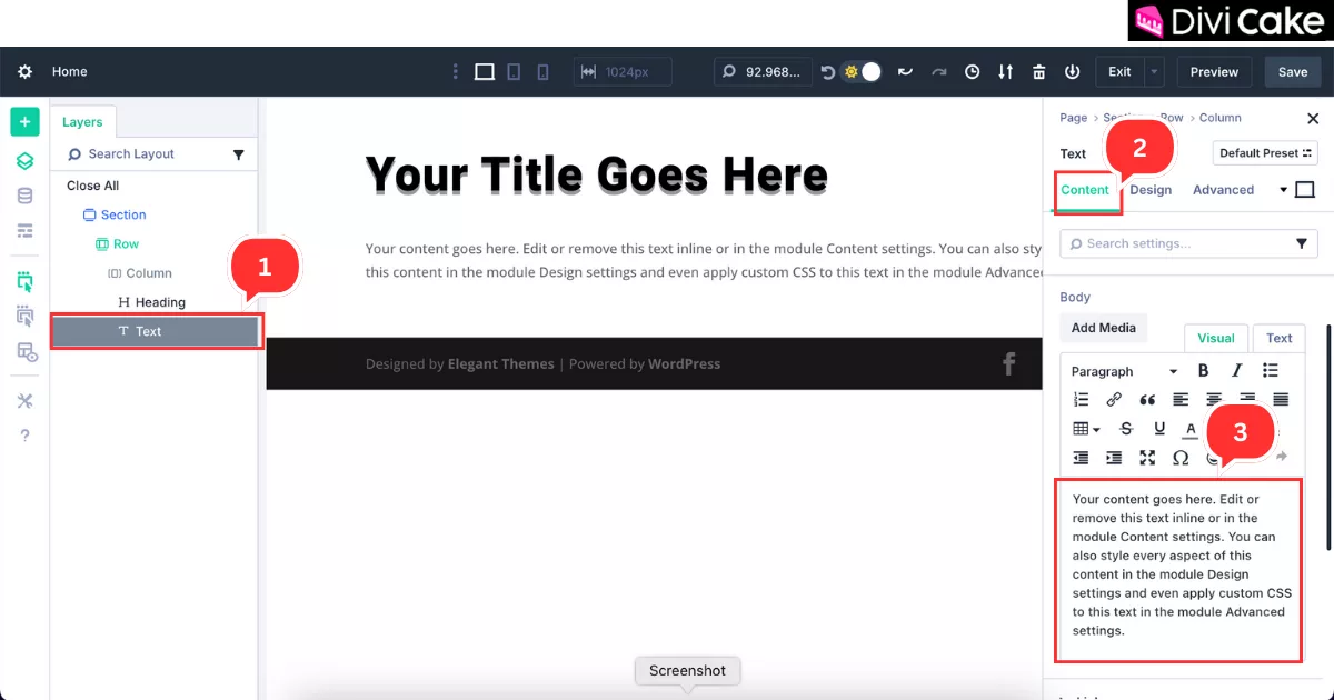 Step-by-step guide to editing the Text module content in the Divi 5 Page Builder to add a custom website description.