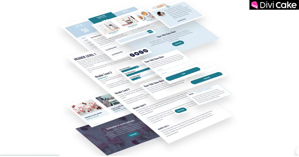 Preview of Divi Lover’s Global Defaults Layout Set 1, a complete Divi modules pack with headings, sliders, counters, forms, and more.