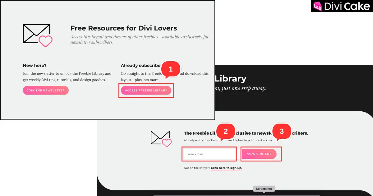 Guide for existing Divi Lover users showing how to access free global default layouts by entering email in the Freebie Library.