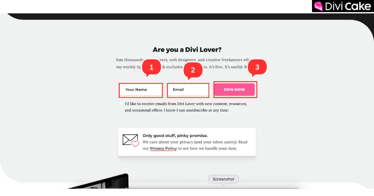 Step showing how to sign up for the Divi Lover newsletter by entering name, email, and confirming through verification email to download free Divi layouts.