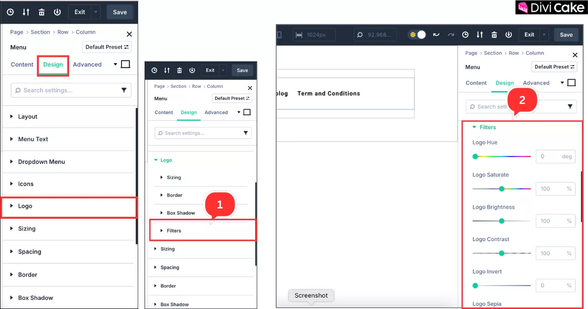 Applying visual effects using the Filters option in Divi 5 to customize the logo’s color tone or gradient for a more dynamic and styled header logo.