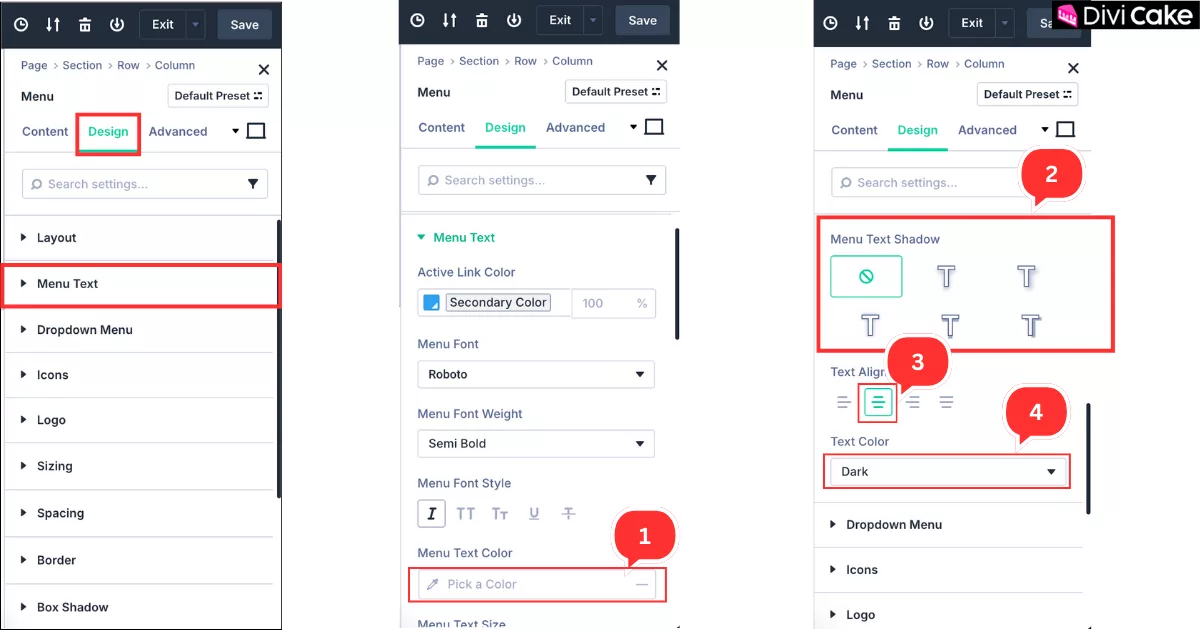 Adjusting menu text color, shadow, and alignment in Divi 5 to match the website design and create a visually appealing header layout.