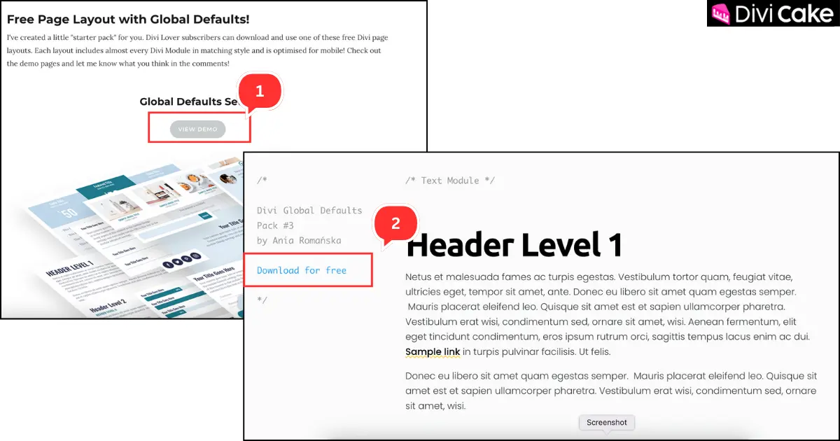 Step-by-step guide showing how to download free Divi global defaults layouts from Divi Lover with demo and download links.