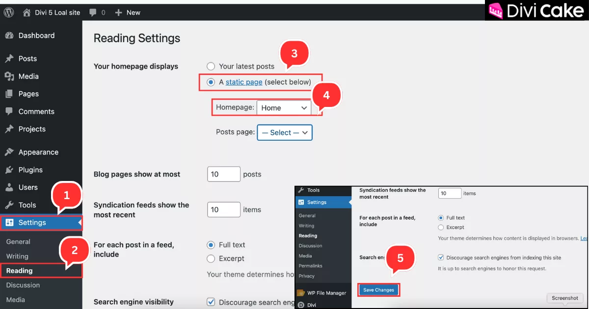 WordPress settings tutorial showing how to set a custom-designed Home page as the landing page using Reading settings.